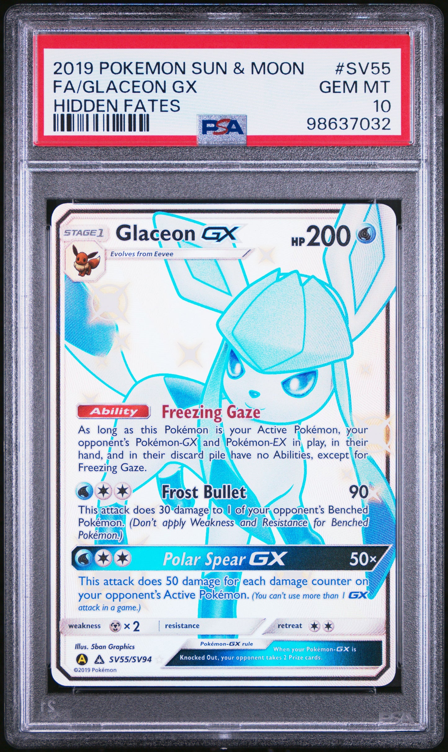PSA 10 Glaceon GX Full Art Shiny - Hidden Fates #SV55